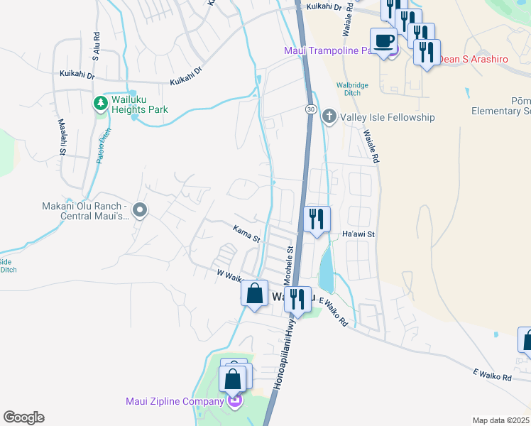 map of restaurants, bars, coffee shops, grocery stores, and more near 86 Pilikana Street in Wailuku