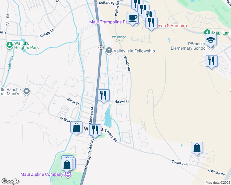 map of restaurants, bars, coffee shops, grocery stores, and more near 43 West Makahakaha Loop in Wailuku
