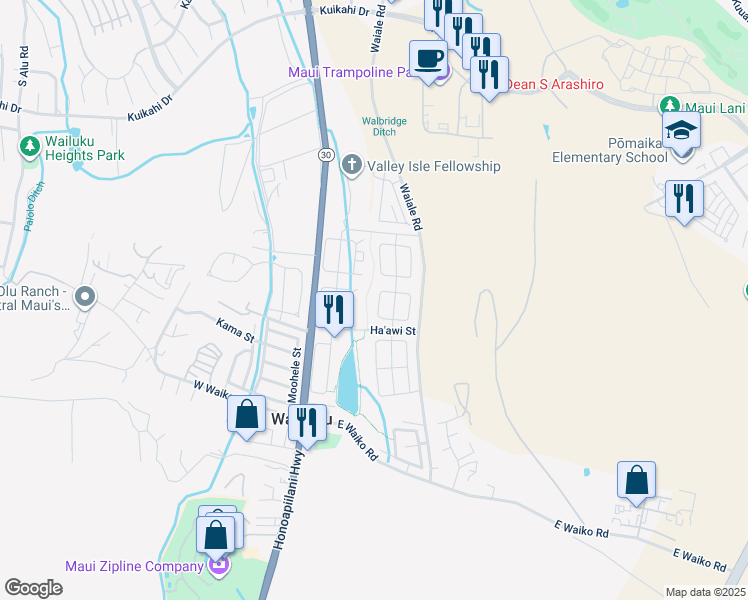 map of restaurants, bars, coffee shops, grocery stores, and more near 43 West Makahakaha Loop in Wailuku