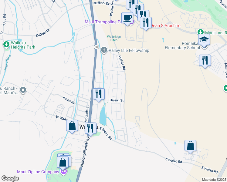 map of restaurants, bars, coffee shops, grocery stores, and more near 46 West Makahakaha Loop in Wailuku