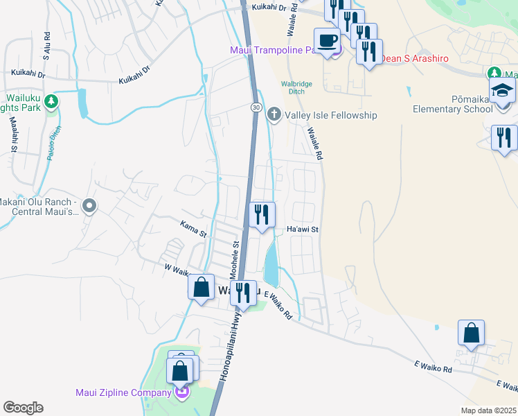 map of restaurants, bars, coffee shops, grocery stores, and more near 86 Kamahao Street in Wailuku