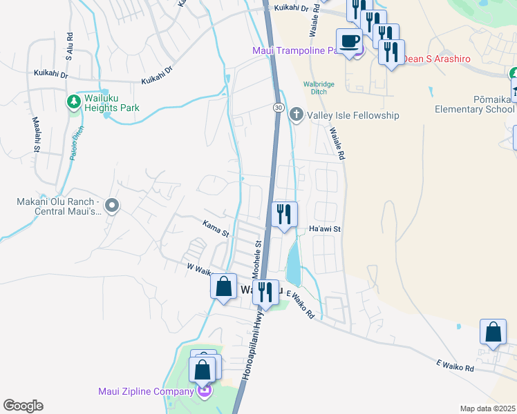 map of restaurants, bars, coffee shops, grocery stores, and more near 33 Koani Loop in Wailuku
