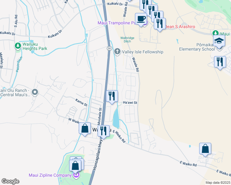 map of restaurants, bars, coffee shops, grocery stores, and more near 1038 Ulu Kanu Street in Wailuku