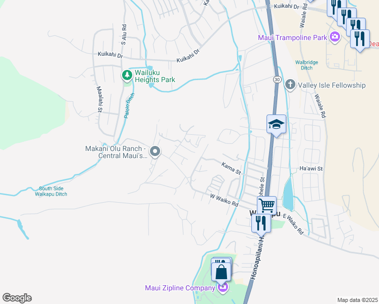 map of restaurants, bars, coffee shops, grocery stores, and more near 18 Hui Hui Place in Wailuku