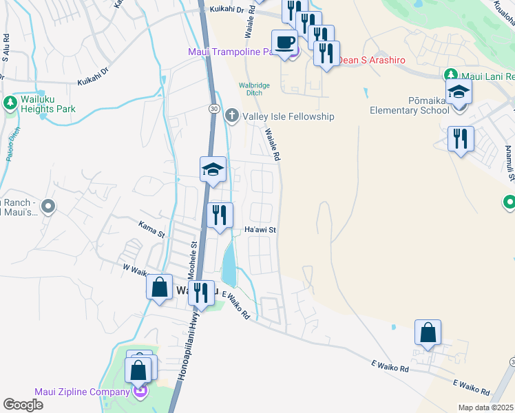 map of restaurants, bars, coffee shops, grocery stores, and more near 68 West Makahakaha Loop in Wailuku