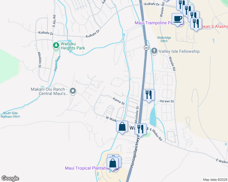 map of restaurants, bars, coffee shops, grocery stores, and more near 107 Mo'olu Circle in Wailuku