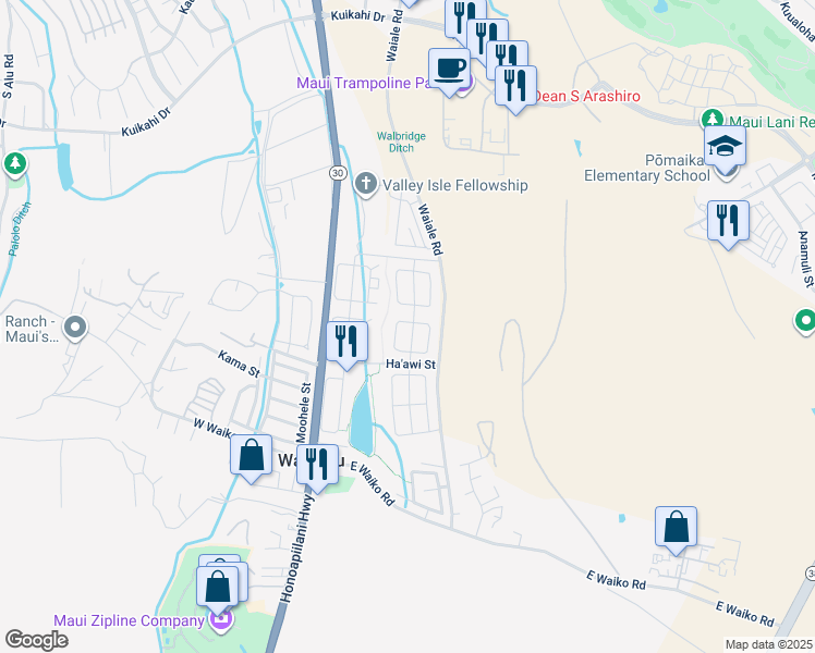 map of restaurants, bars, coffee shops, grocery stores, and more near 68 West Makahakaha Loop in Wailuku