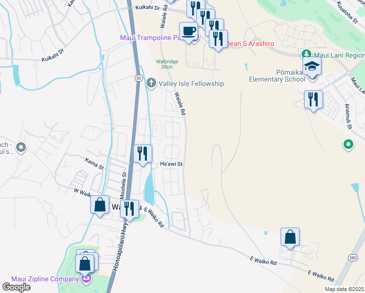 map of restaurants, bars, coffee shops, grocery stores, and more near 97 East Makahakaha Loop in Wailuku