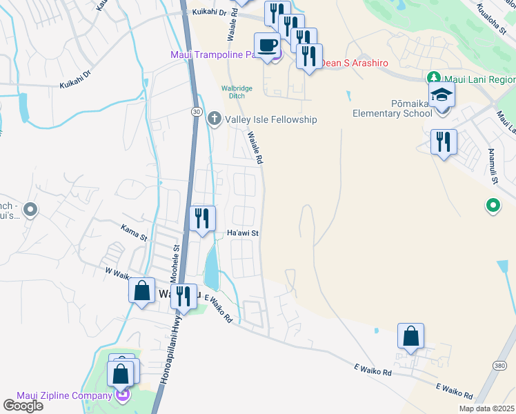 map of restaurants, bars, coffee shops, grocery stores, and more near 97 East Makahakaha Loop in Wailuku