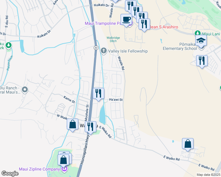 map of restaurants, bars, coffee shops, grocery stores, and more near 51 West Makahakaha Loop in Wailuku
