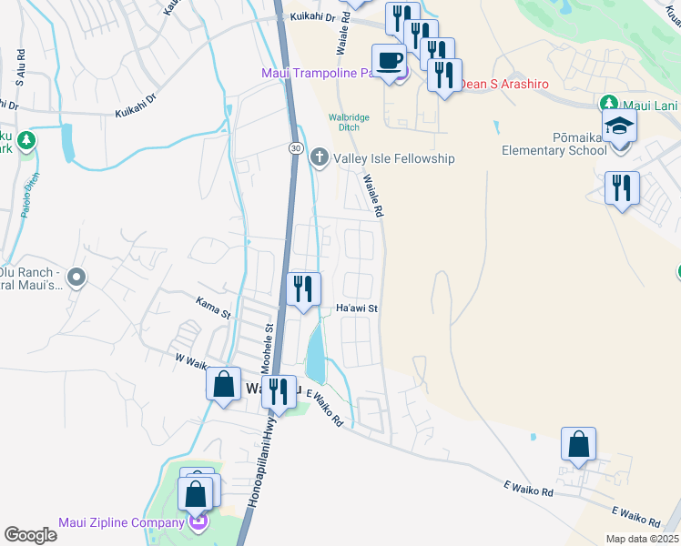 map of restaurants, bars, coffee shops, grocery stores, and more near 51 West Makahakaha Loop in Wailuku