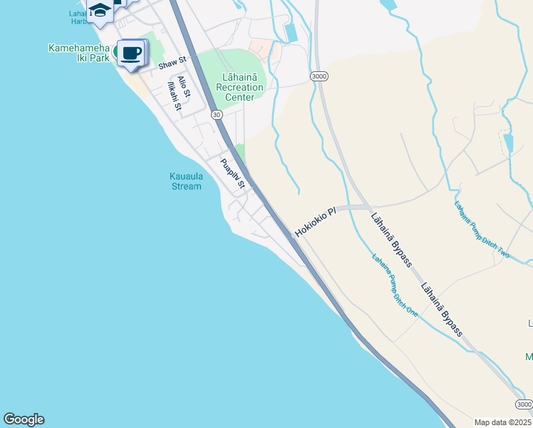 map of restaurants, bars, coffee shops, grocery stores, and more near 25 Puakukui Place in Lahaina