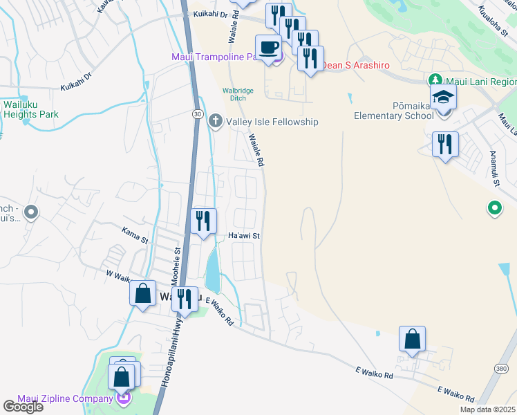 map of restaurants, bars, coffee shops, grocery stores, and more near 93 East Makahakaha Loop in Wailuku