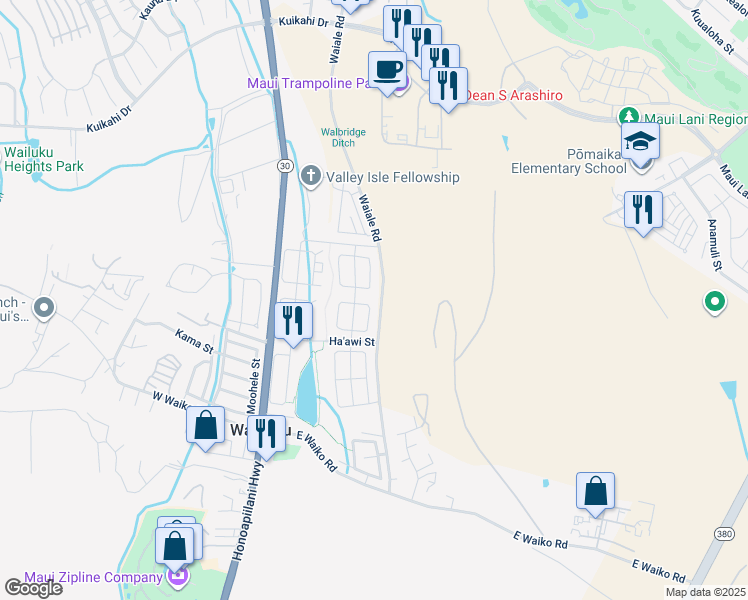 map of restaurants, bars, coffee shops, grocery stores, and more near 93 East Makahakaha Loop in Wailuku