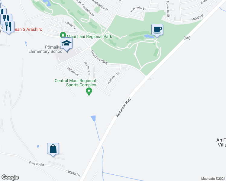 map of restaurants, bars, coffee shops, grocery stores, and more near 121 Molehulehu Loop in Kahului