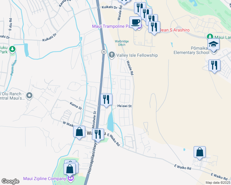 map of restaurants, bars, coffee shops, grocery stores, and more near 1025 Ulu Kanu Street in Wailuku