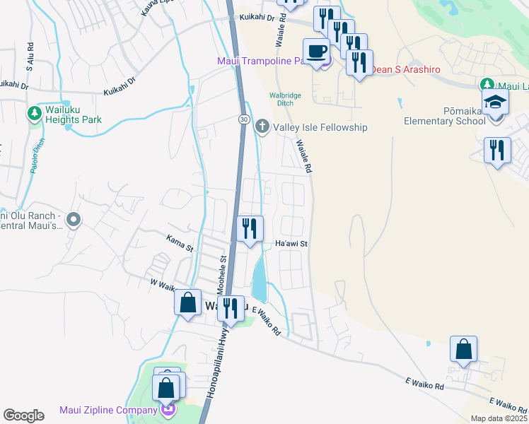 map of restaurants, bars, coffee shops, grocery stores, and more near 1017 Ulu Kanu Street in Wailuku