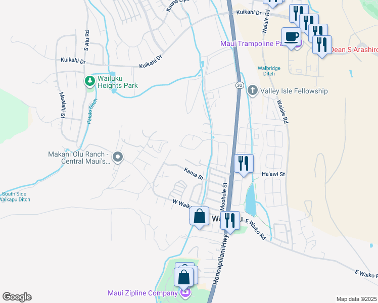 map of restaurants, bars, coffee shops, grocery stores, and more near 103 Mo'olu Circle in Wailuku