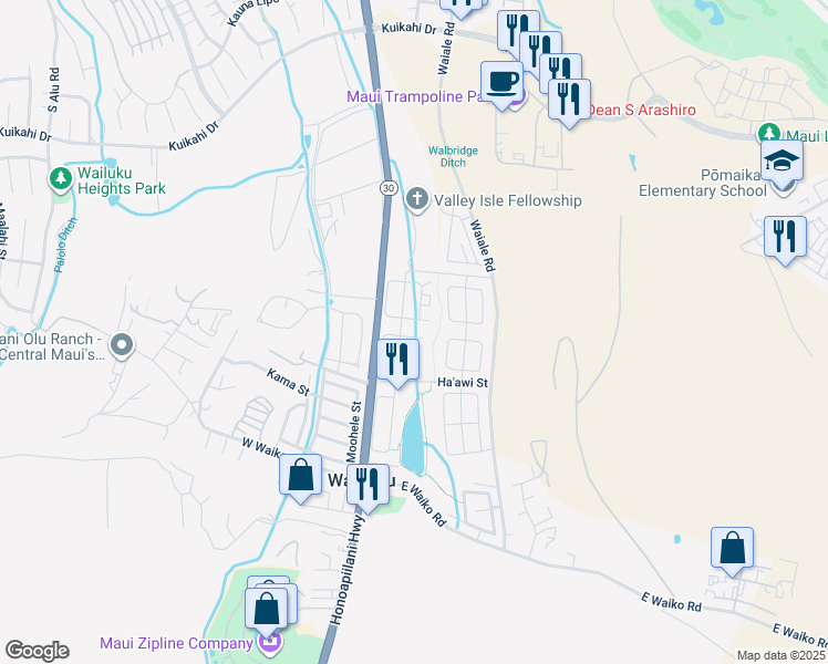 map of restaurants, bars, coffee shops, grocery stores, and more near 1013 Ulu Kanu Street in Wailuku