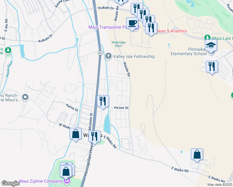 map of restaurants, bars, coffee shops, grocery stores, and more near 59 West Makahakaha Loop in Wailuku