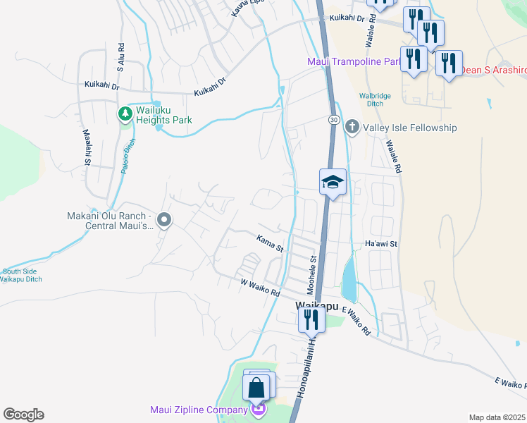 map of restaurants, bars, coffee shops, grocery stores, and more near 103 Mo'olu Circle in Wailuku