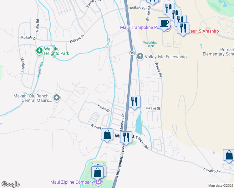 map of restaurants, bars, coffee shops, grocery stores, and more near 43 Mo'olu Street in Wailuku