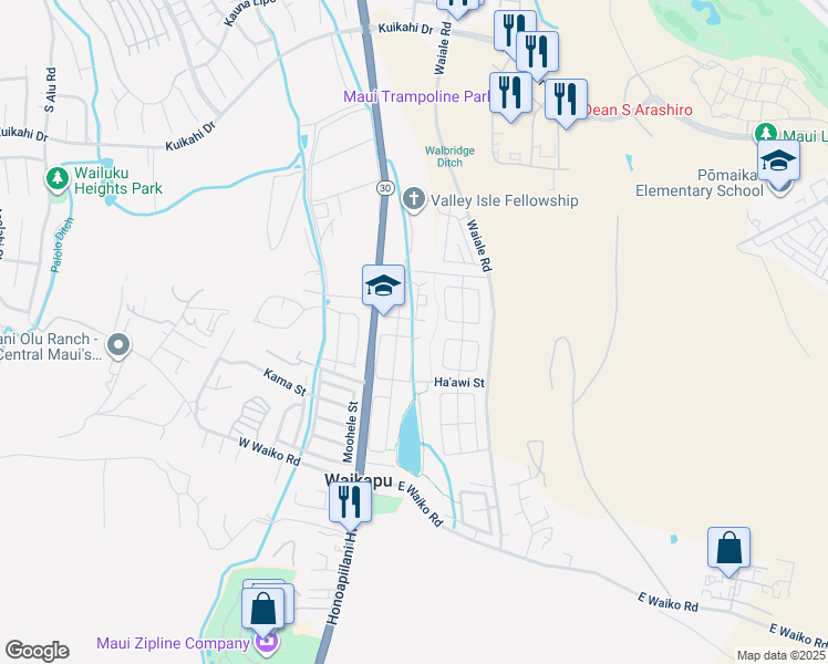 map of restaurants, bars, coffee shops, grocery stores, and more near 1013 Ulu Kanu Street in Wailuku