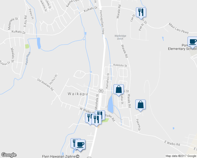 map of restaurants, bars, coffee shops, grocery stores, and more near 84 Koani Loop in Wailuku