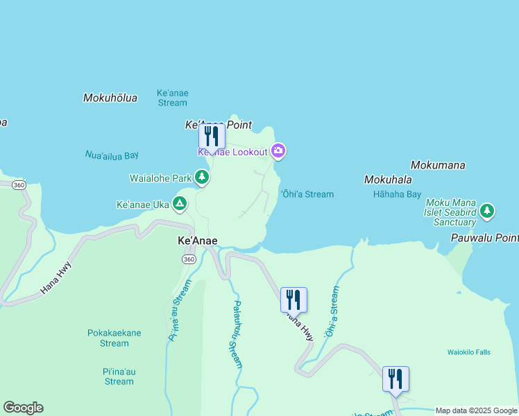 map of restaurants, bars, coffee shops, grocery stores, and more near 900 Keanae Road in Hana