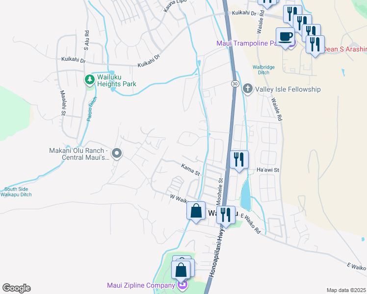 map of restaurants, bars, coffee shops, grocery stores, and more near 107 Mo'olu Circle in Wailuku