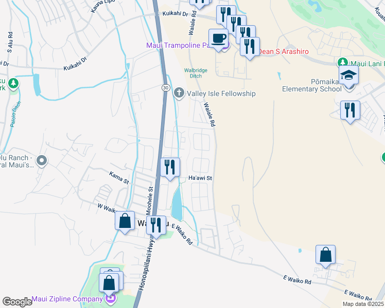 map of restaurants, bars, coffee shops, grocery stores, and more near 59 West Makahakaha Loop in Wailuku