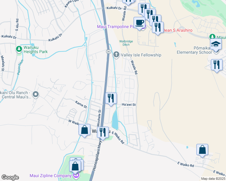 map of restaurants, bars, coffee shops, grocery stores, and more near 1001 Ulu Kanu Street in Wailuku