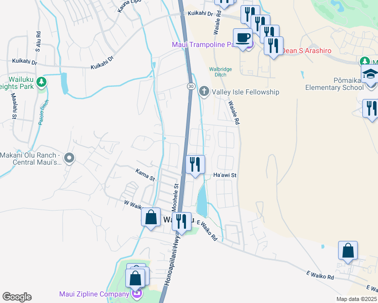 map of restaurants, bars, coffee shops, grocery stores, and more near 947 Ha'awi Loop in Wailuku