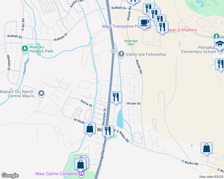 map of restaurants, bars, coffee shops, grocery stores, and more near 947 Ha'awi Loop in Wailuku