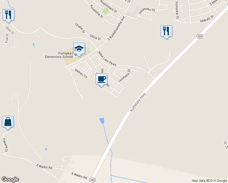 map of restaurants, bars, coffee shops, grocery stores, and more near 153 Molehulehu Loop in Kahului