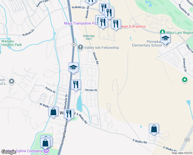 map of restaurants, bars, coffee shops, grocery stores, and more near 139 East Makaukau Loop in Wailuku