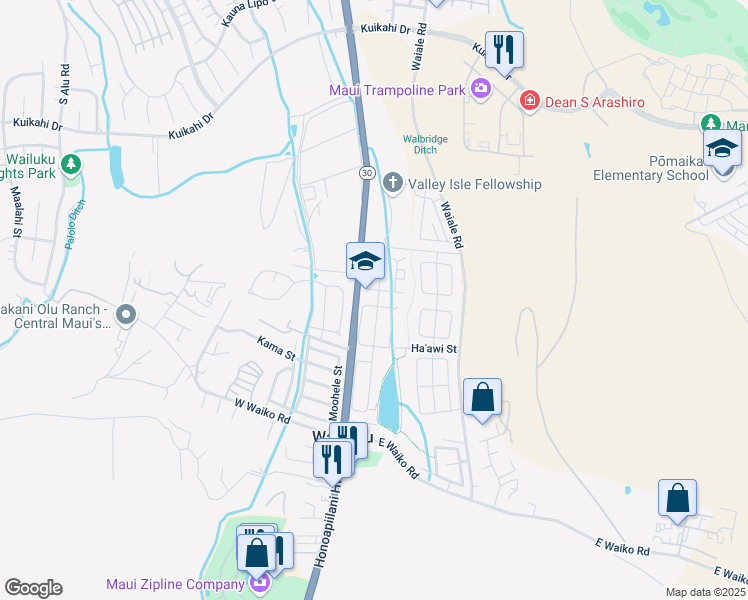 map of restaurants, bars, coffee shops, grocery stores, and more near 58 Kamaha'o Street in Wailuku