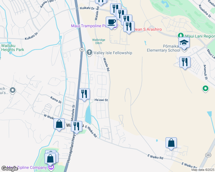 map of restaurants, bars, coffee shops, grocery stores, and more near 139 East Makaukau Loop in Wailuku