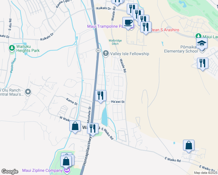 map of restaurants, bars, coffee shops, grocery stores, and more near 10 Hookomo Place in Wailuku