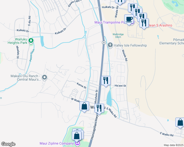 map of restaurants, bars, coffee shops, grocery stores, and more near 47 Mo'olu Street in Wailuku