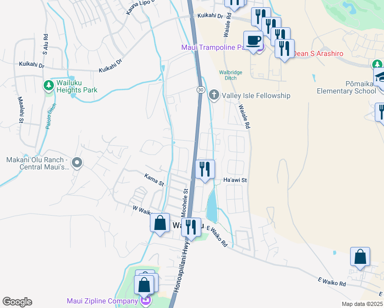 map of restaurants, bars, coffee shops, grocery stores, and more near 64 Koani Loop in Wailuku