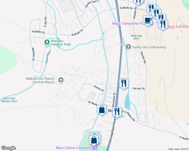 map of restaurants, bars, coffee shops, grocery stores, and more near 98 Mo'olu Circle in Wailuku