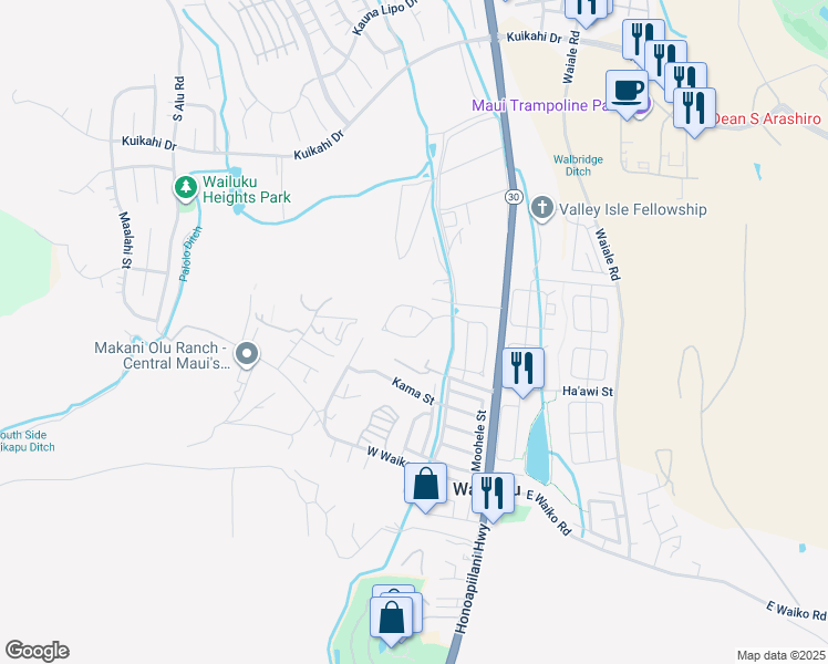 map of restaurants, bars, coffee shops, grocery stores, and more near 82 Mo'olu Circle in Wailuku