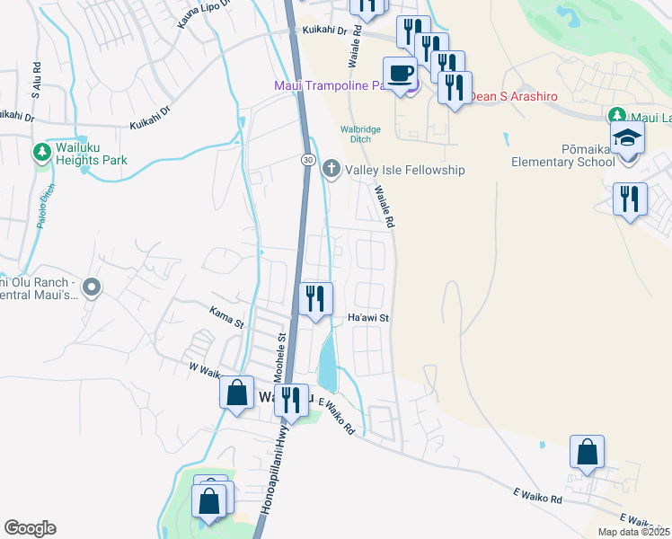 map of restaurants, bars, coffee shops, grocery stores, and more near 10 Hookomo Place in Wailuku