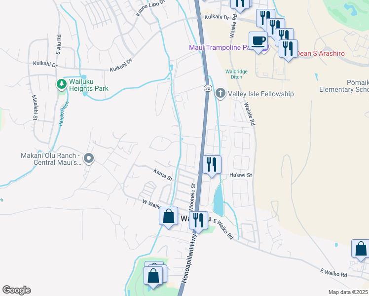 map of restaurants, bars, coffee shops, grocery stores, and more near 51 Mo'olu Street in Wailuku