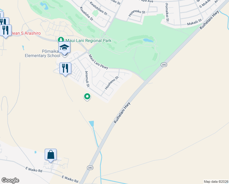 map of restaurants, bars, coffee shops, grocery stores, and more near 105 Molehulehu Loop in Kahului