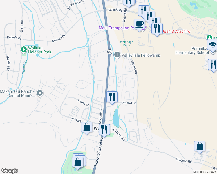map of restaurants, bars, coffee shops, grocery stores, and more near 33 West Kanamele Loop in Wailuku