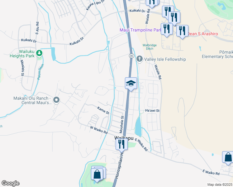 map of restaurants, bars, coffee shops, grocery stores, and more near 51 Mo'olu Street in Wailuku