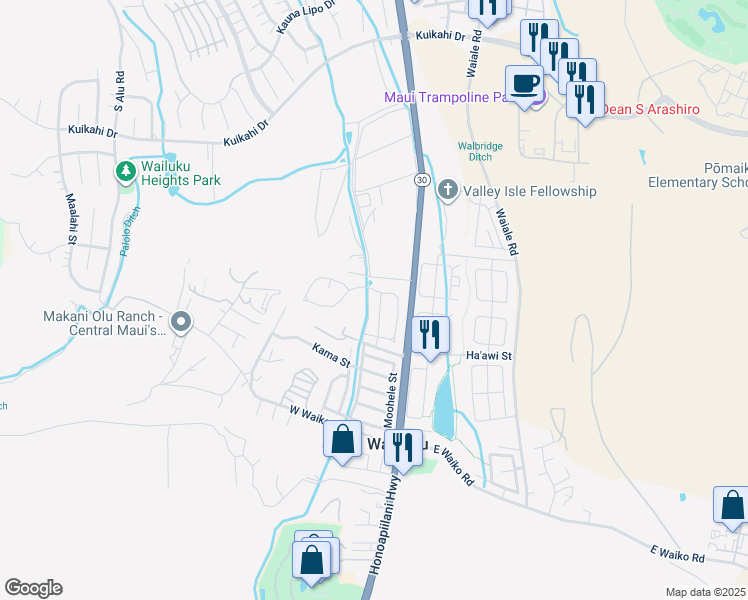 map of restaurants, bars, coffee shops, grocery stores, and more near 51 Mo'olu Street in Wailuku