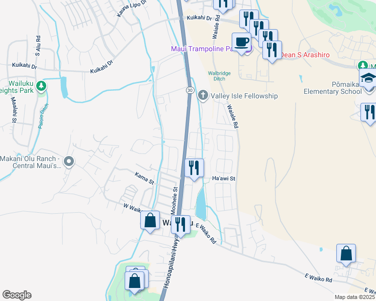 map of restaurants, bars, coffee shops, grocery stores, and more near 33 West Kanamele Loop in Wailuku